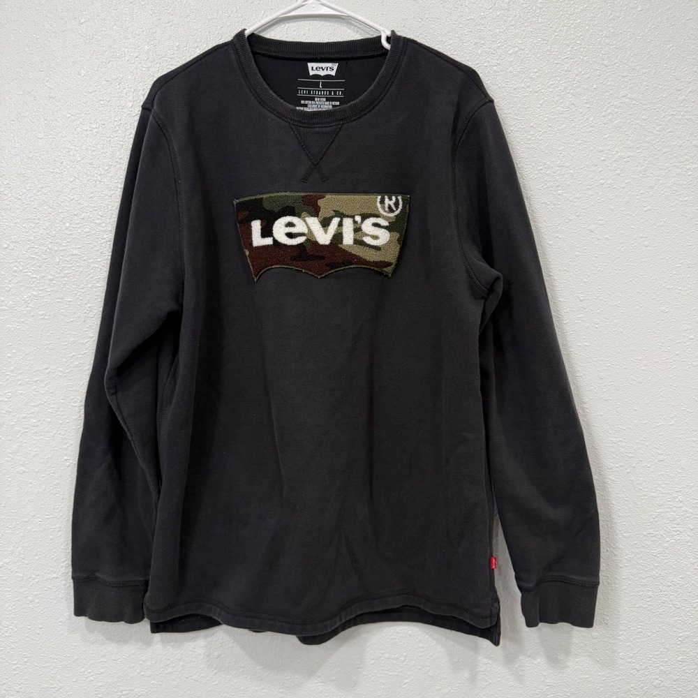 Levis Mens Crewneck Sweatshirt Black Camo Fleece Batwing Logo Size L RN117508